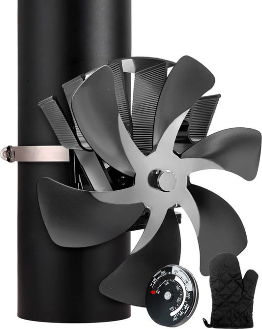 Vulpes Goods® Tech - Ventilateur de poêle à bois - Ventilateur de cheminée - Ecofan - Ventilateur de chaleur - 6 pales - Thermomètre et gant inclus - version PRO