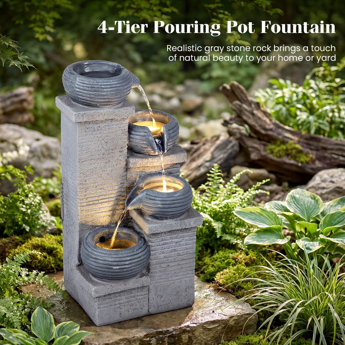 Fontaine de jardin Coast avec éclairage LED - Cascade à quatre niveaux - Résine synthétique et fibre de verre - Gris 28 x 22 x 58 cm