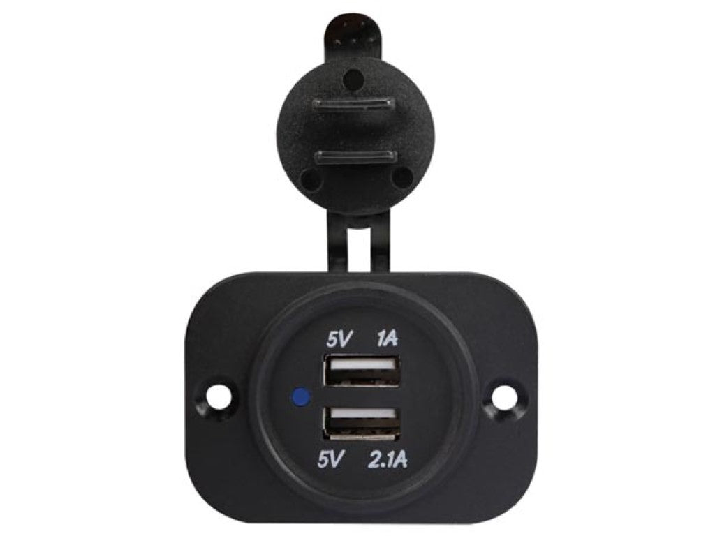 Chargeur USB - À encastrer - Double - 12-24 V - Résistant aux éclaboussures - Protection contre les courts-circuits - Noir