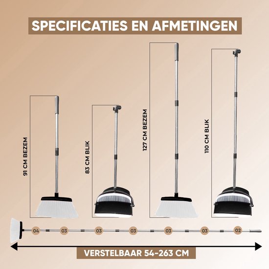 TTD® Pelle et brosse avec long manche XXL - réglable 54-263 cm - Balai - manche de balai - gris et noir - Pelle et brosse - Pelle pour l'intérieur et l'extérieur - Dents de nettoyage intégrées