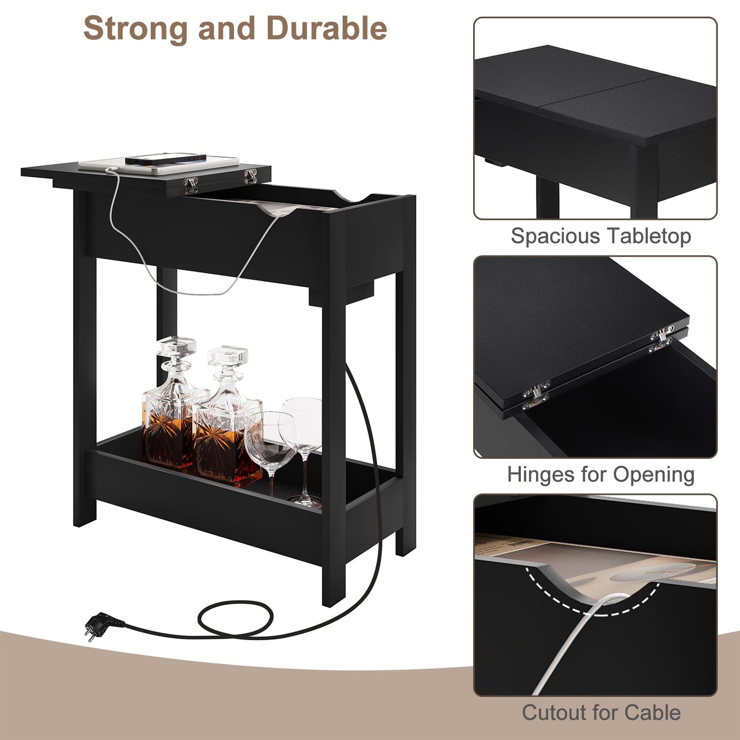 EUGAD 0002CHJ : table d'appoint avec prise électrique - plateau rabattable - 3 étagères de rangement - noir