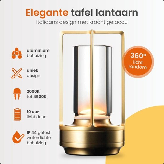 Goliving Lampe de table Rechargeable - Lanterne - Sans fil et dimmable - Lampe tactile moderne - Lampe de nuit pour chambre à coucher - 17.5 cm - Or