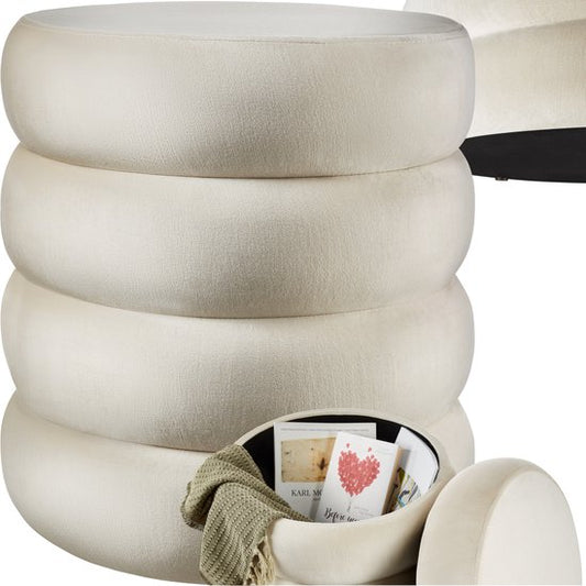 tectake® Tabouret avec rangement - Tabouret scandinave en tissu velours - Tabouret rembourré rond pour coiffeuse, chambre, salon ou comme meuble d'entrée - Tabouret de rangement - crème