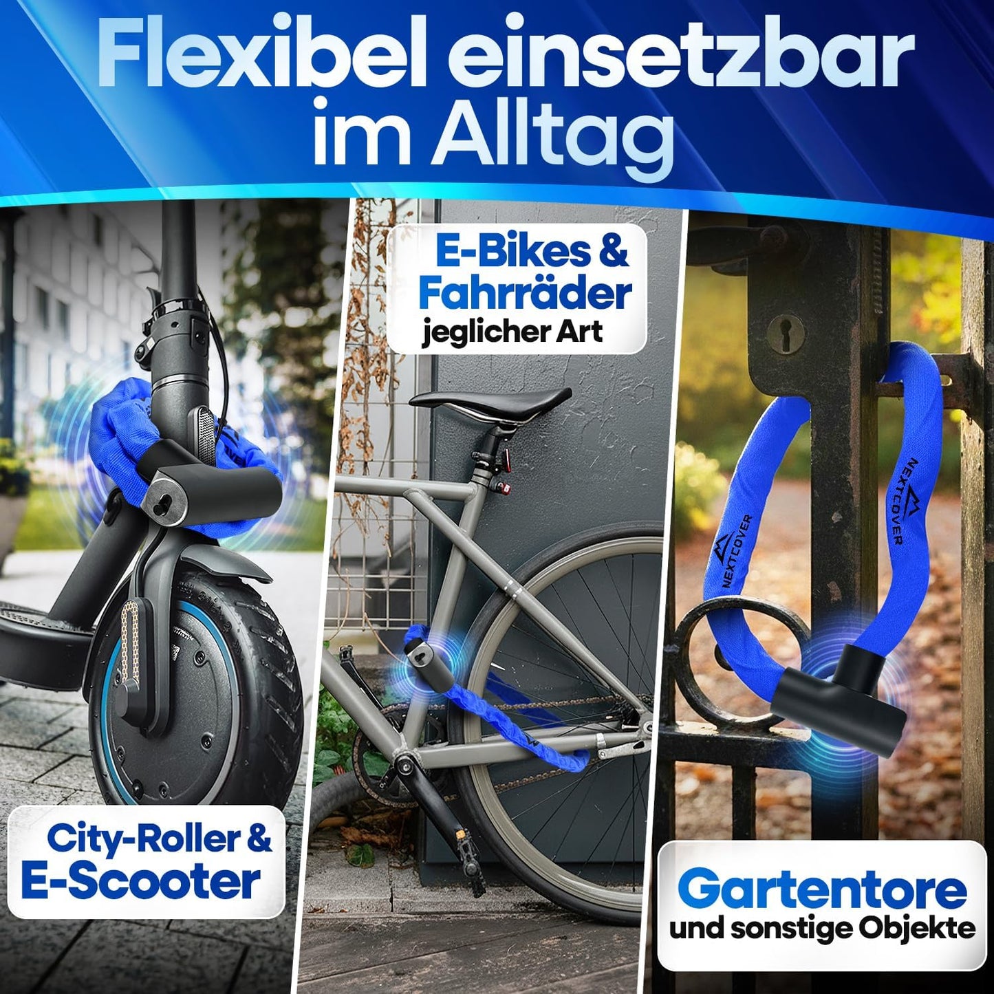 NEXTCOVER® Cadenas pour vélo LockOne avec clé - haute sécurité - robuste et durable - 3 clés - Bleu