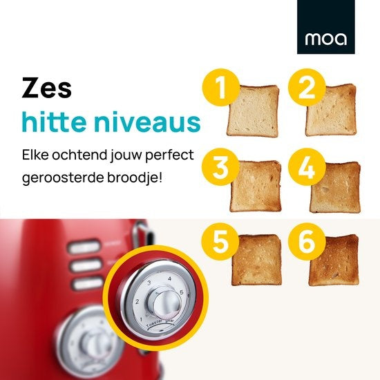 Grille-pain rétro MOA - 6 niveaux de chaleur - 2 fentes extra-larges - 850W - Fonctions de réchauffage et de décongélation - Rouge - T3R