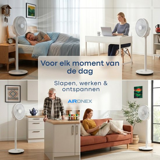Ventilateur Aironex - Ventilateur sur pied silencieux à 26 vitesses - Commande via application - Faible consommation - Blanc - Avec fonction aromathérapie et Wi-Fi - Minuterie et mode nuit - Réglable en hauteur - Oscillation horizontale et verticale