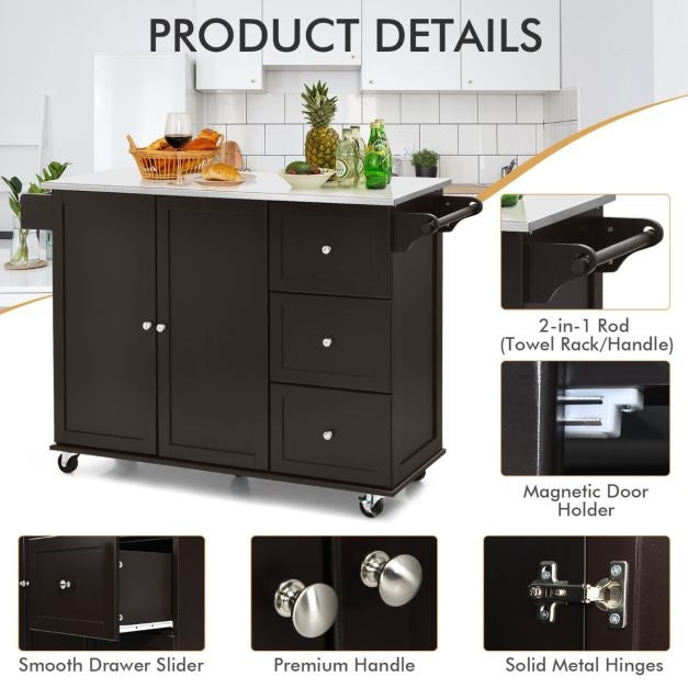 Coast Kitchen trolley chariot de service - acier inoxydable - îlot de cuisine avec 3 tiroirs - 135 x 45,5 x 91,5 cm - Brun/Blanc/Noir