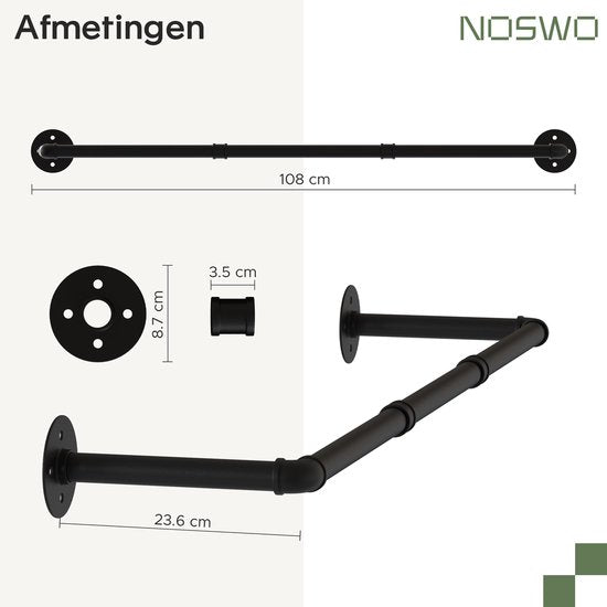 Noswo Wall Clothes Rack - 2 Pieces - High Quality Steel Clothes Rod - Clothes Rack - Hanging Rack - Wardrobe Rod - 112 cm - Black