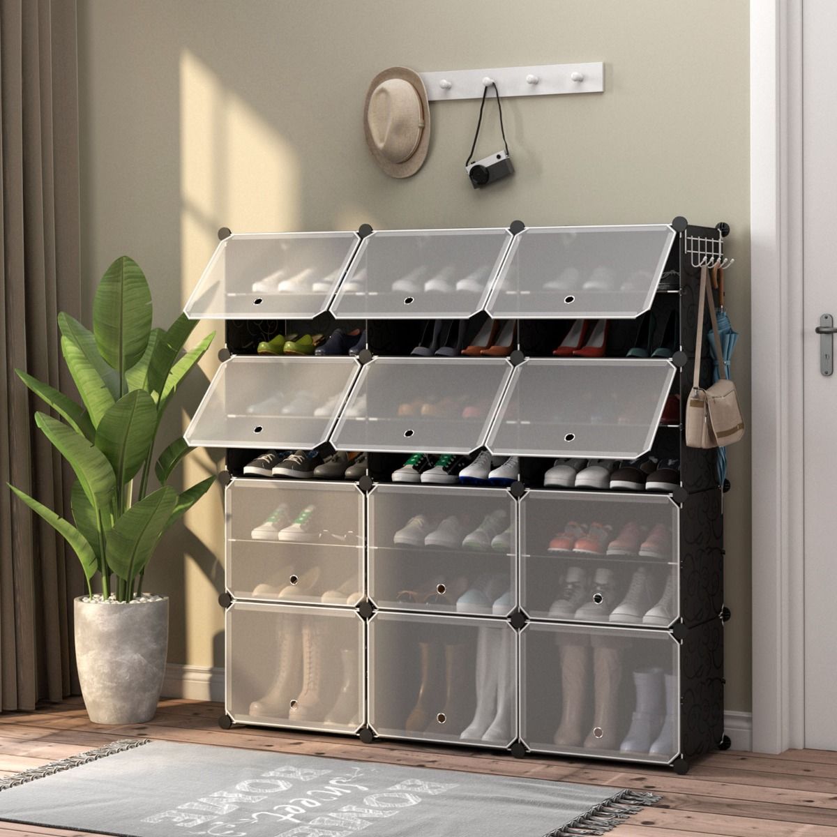 Armoire à chaussures Coast à 8 compartiments - étagère à chaussures réglable - pour 48 paires de chaussures - noire et translucide