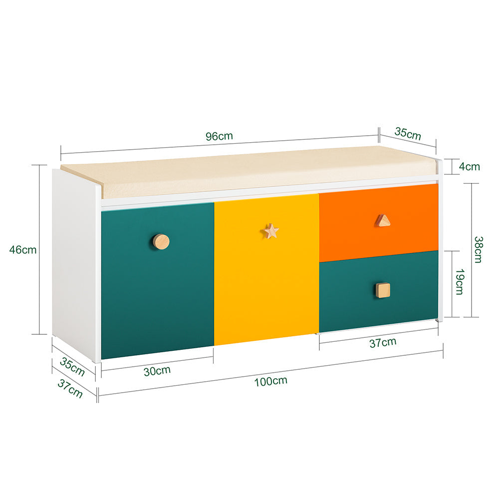SoBuy Banc de rangement enfant avec 2 armoires et 2 tiroirs - Max. 150 kg - 100 x 37 x 46 cm - Coloré