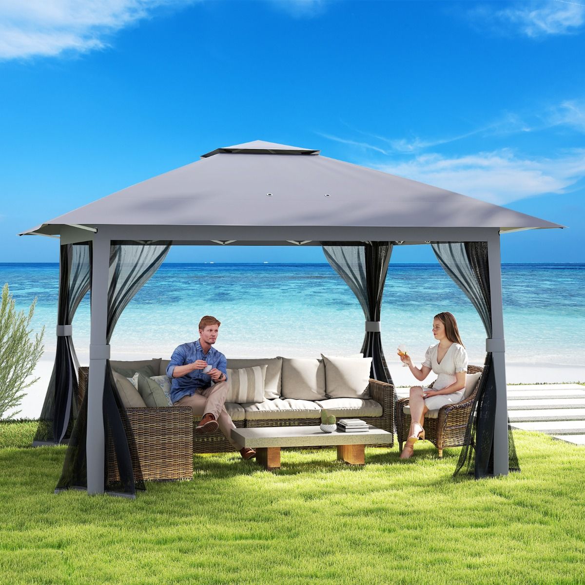 Coast - Pop-Up Gazebo / Tente de réception pliante - Double toit, moustiquaire, montage rapide - 394 x 394 x 277 cm - Tissu Oxford/Métal - Gris