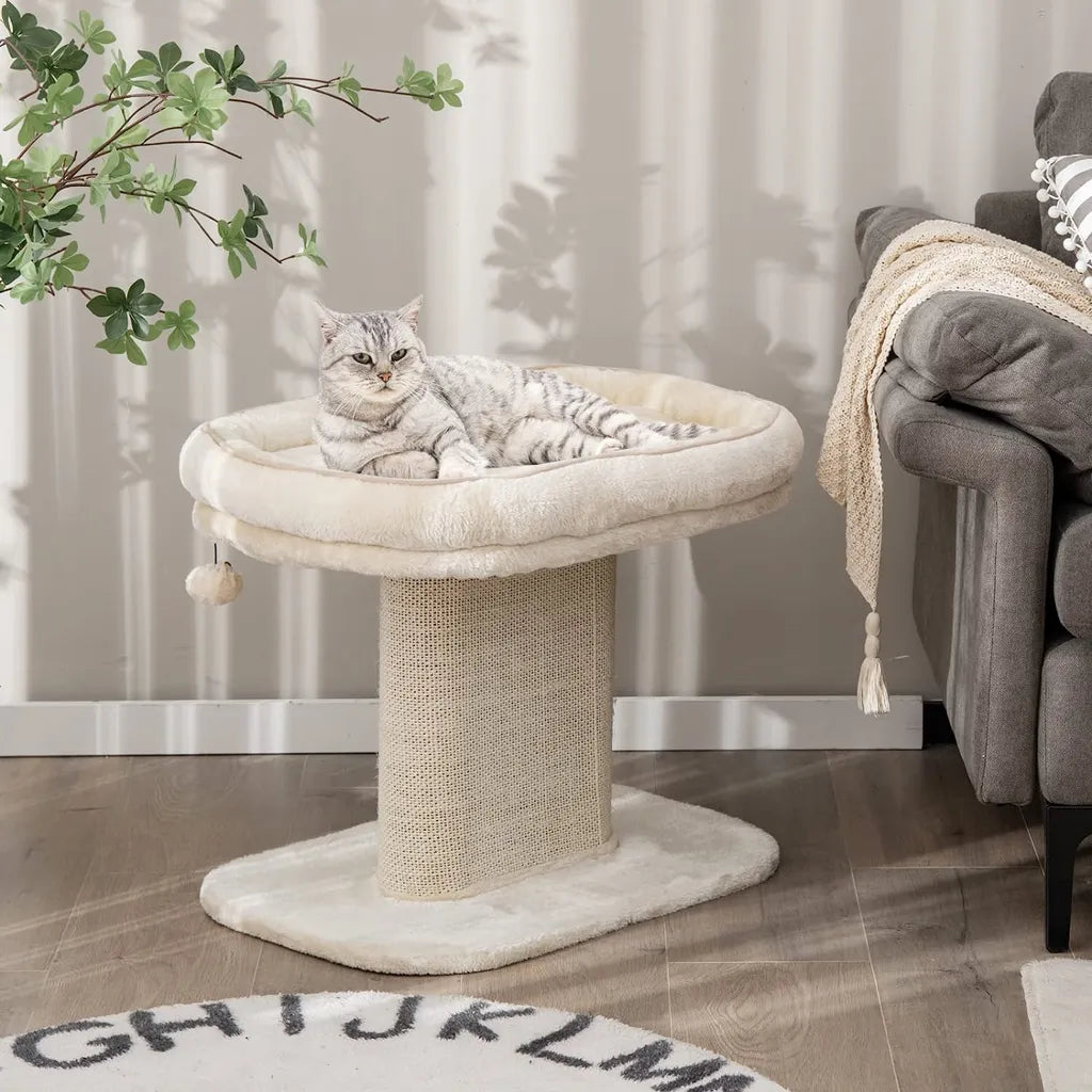 Coast Arbre à griffes moderne pour chat avec grand fauteuil en peluche et planche à griffes en sisal beige