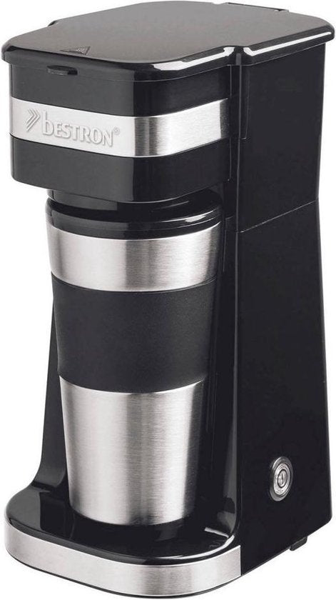 Bestron Cafetière avec tasse thermos, pour café filtre moulu et idéal pour le camping, 2 grandes tasses, 750 Watt, acier inoxydable, Couleur : argent/noir