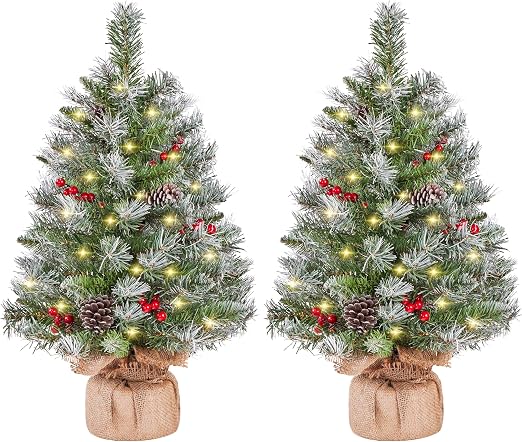 Mini sapins de Noël artificiels Yaheetech 61 cm - Lot de 2 - Neige - Éclairage LED