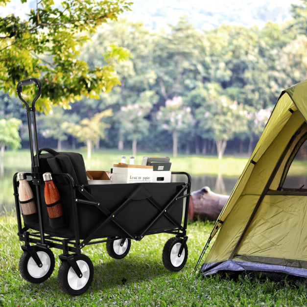 Chariot pliable - Capacité jusqu'à 68 kg - Avec poignée de poussée et de traction réglable, porte-gobelets et cadre en acier - Noir