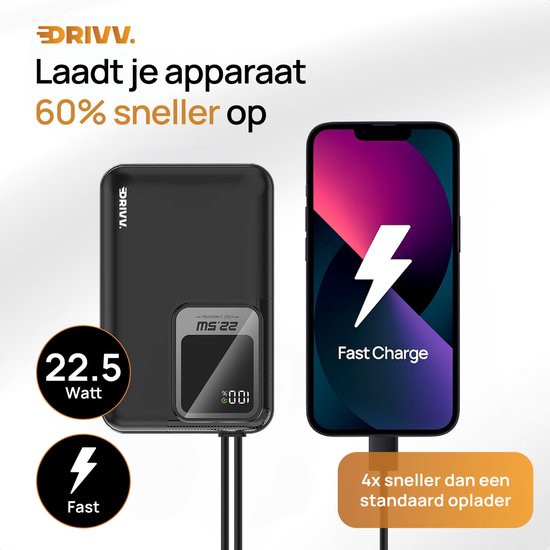 Drivv. Batterie externe 20 000 mAh - Avec câble 8 broches et USB-C intégré - Câble de recharge 60 W inclus - Fonction de recharge rapide 22,5 W - USB / USB-C - Kit d'urgence