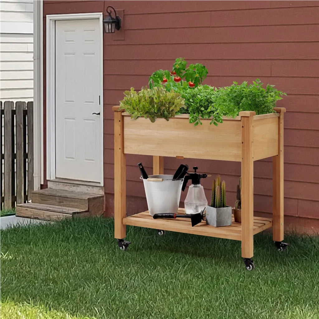 Yaheetech : bac à plantes surélevé à roulettes 87 x 47 x 83,5 cm - Marron clair - Bac de culture en bois avec étagère de rangement