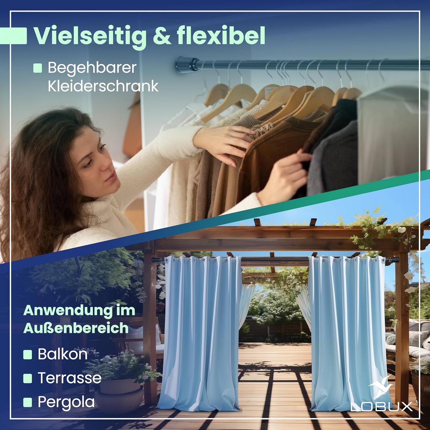 LOBUX® - Tringle à rideau sans percer [noir, 210-300cm] - Tringle télescopique Rideau extensible - Tringle de douche sans percer - Tringle à rideau, Tringle de douche, Tringle à vêtements, Tringle de serrage Filet de chat