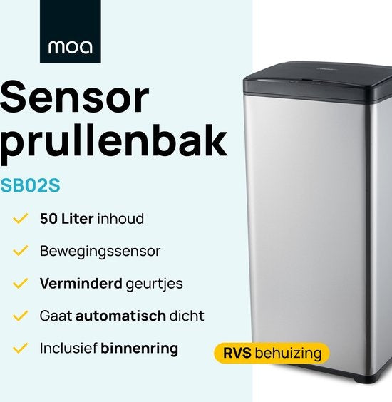 MOA Sensor Waste Bin - 50 litres - acier inoxydable & ABS durable - Antidérapant - Couvercle silencieux - Mode de fermeture différée - Inox - SB02S