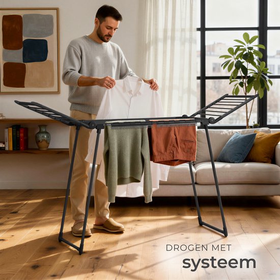 tectake® Séchoir à linge - Séchoir à linge - Longueur de séchage : 18 mètres - Pliable - Sur pied - Séchoirs à linge avec 2 supports pour le petit linge - Ailes latérales hautes pour les vêtements longs - Noir