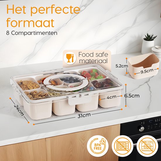 Posity Snack Box - Boîte à snacks avec compartiments - Avec couvercle et poignée - 8 compartiments - Sur le pouce - Boîte de rangement - Plastique - Blanc