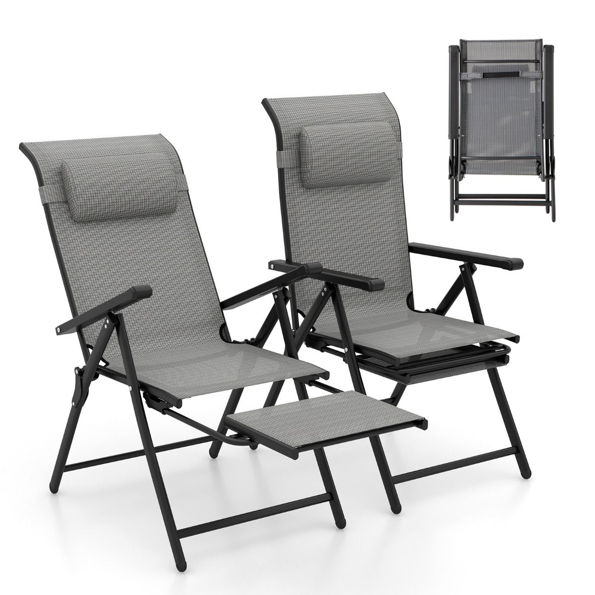 Ensemble de chaises de jardin Coast - pliables - dossier et repose-pieds réglables - gris