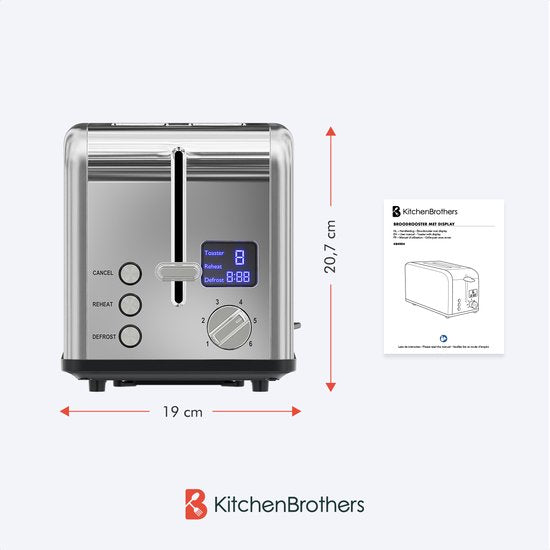 KitchenBrothers Toaster - Grille-pain - 6 niveaux de chaleur - 2 fentes extra-larges - 815W - Acier inoxydable/Argent