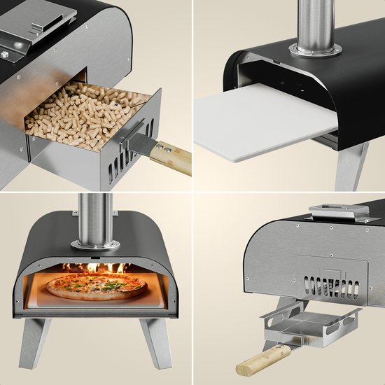 KitchenBrothers Four à Pizza - Au feu de bois - Table Top - Avec Couvercle Protecteur - Sans PFAS - Pliable - Pierre à Pizza - jusqu'à 460°C Pizza maker - Set complet - Four à Pizza pour l'extérieur - Noir/RVS