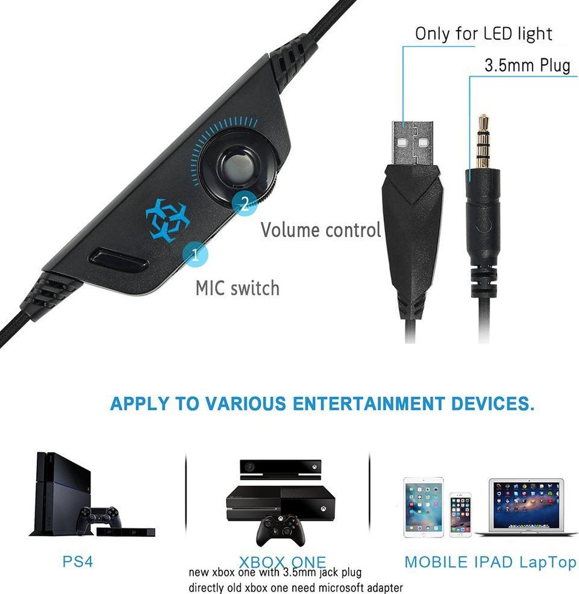 Casque de jeu Hunterspider - Noir/Bleu - Convient à PS4, Xbox One, Switch et Windows