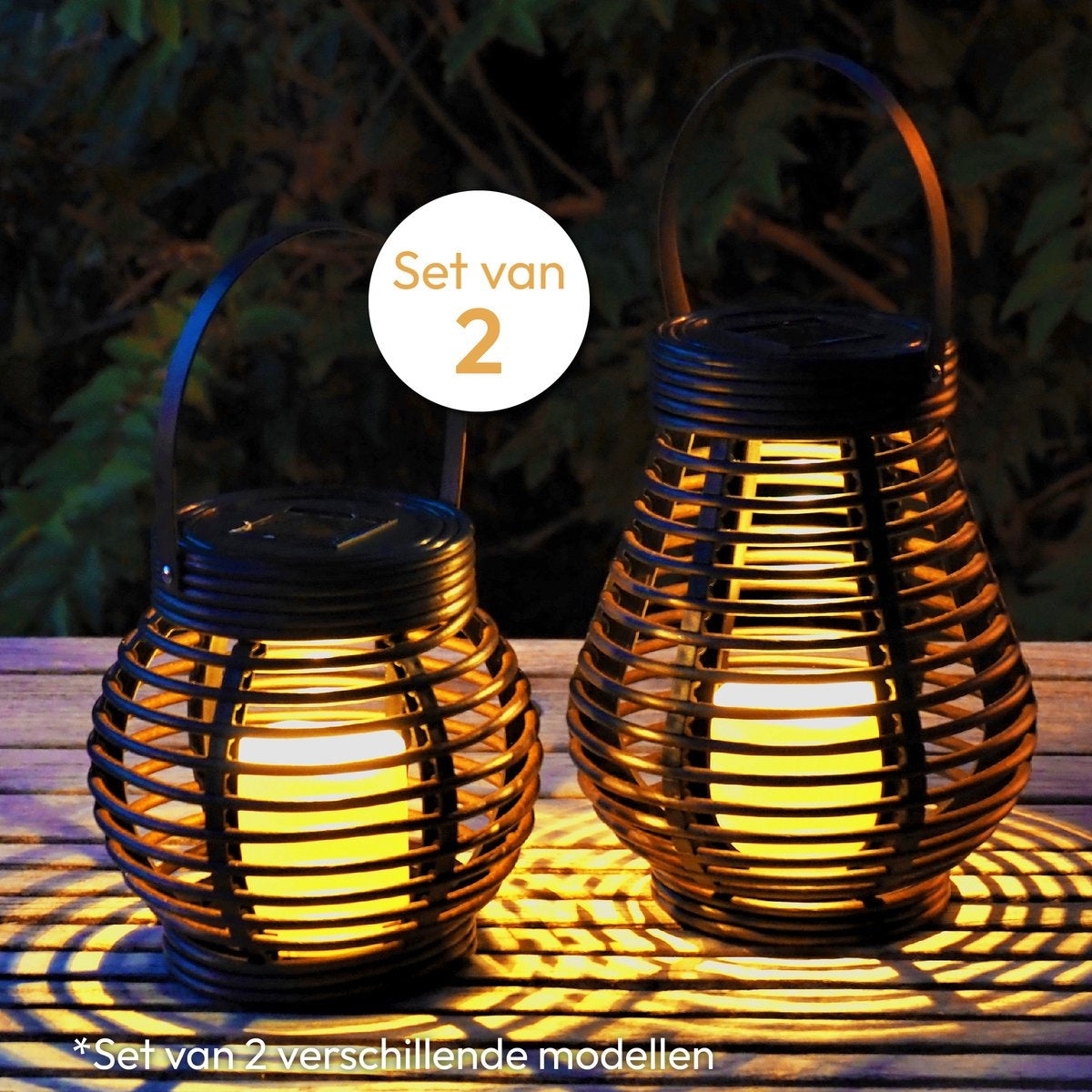 Gadgy Rotan Solar Tafellamp voor buiten - Led Tuinverlichting op Zonneenergie - Tuinlantaarn met Dag/Nacht Sensor - Solar Tuinverlichting - Verlichting voor buiten - Set van 2