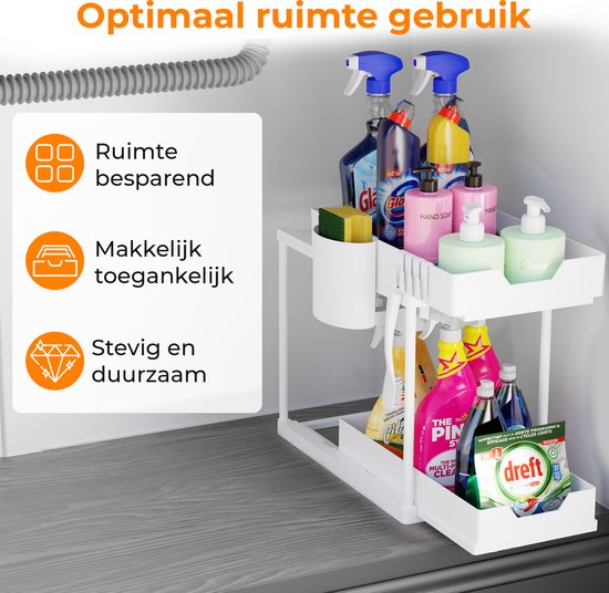 Posity Rangement pour évier - Rangement pour armoire de cuisine - Tiroir coulissant - Rangement pour armoire - Rangement pour salle de bain - Rangement pour comptoir - 2 tiroirs coulissants - Blanc
