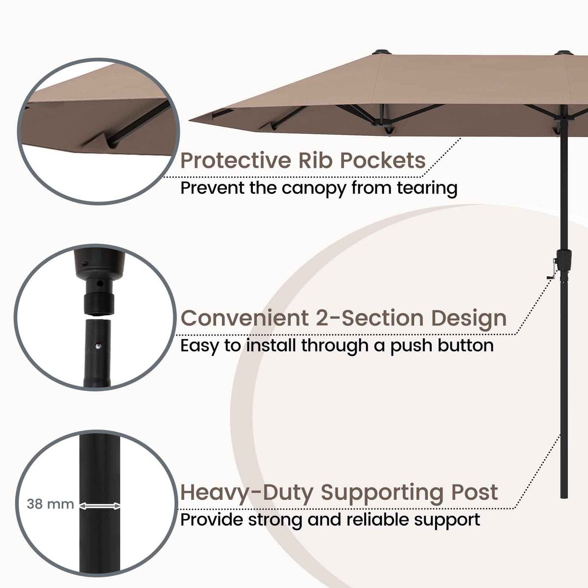 Parasol double Coast - rectangulaire - polyester hydrofuge - 400 x 215 cm - marron