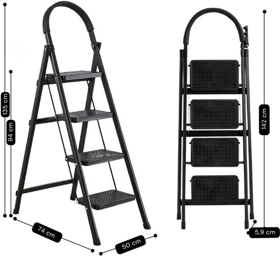 ToolX Household Ladders - Kitchen Ladders - Steel- 4 treads- Foldable - Anti-slip - Foldable - Black