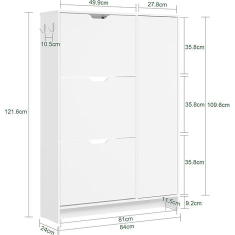 Armoire à chaussures SoBuy 84 x 24 x 121 cm - Blanche - 3 portes battantes - 3 tiroirs - Capacité : 12 paires de chaussures