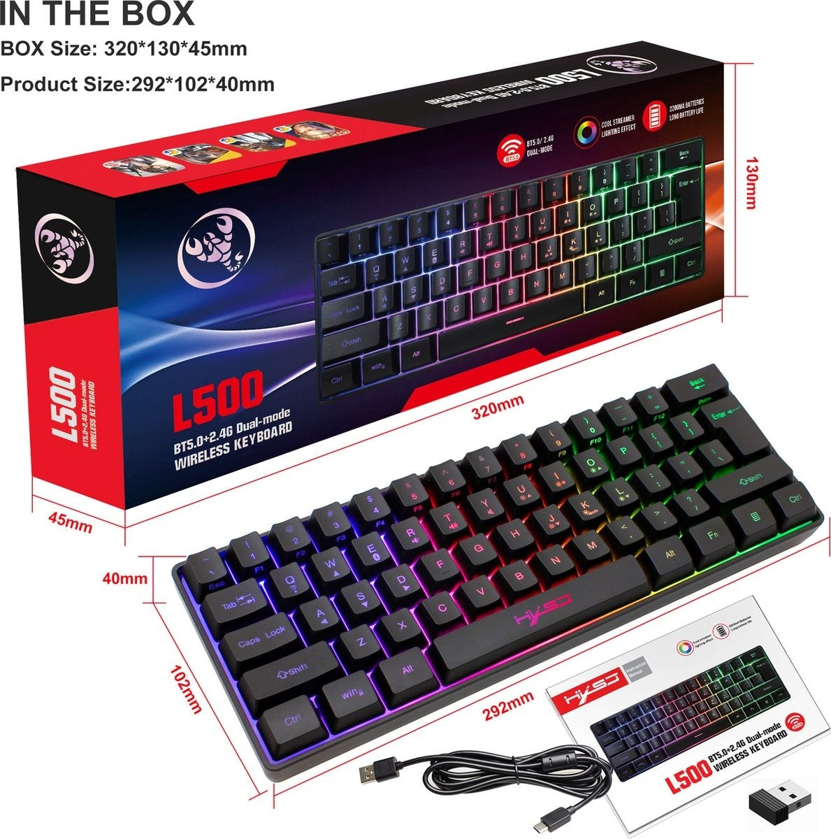 HXSJ L500 RGB Membrane Wireless gaming keyboard - Dual mode (Bluetooth / 2.4G) - 61keys - Qwerty