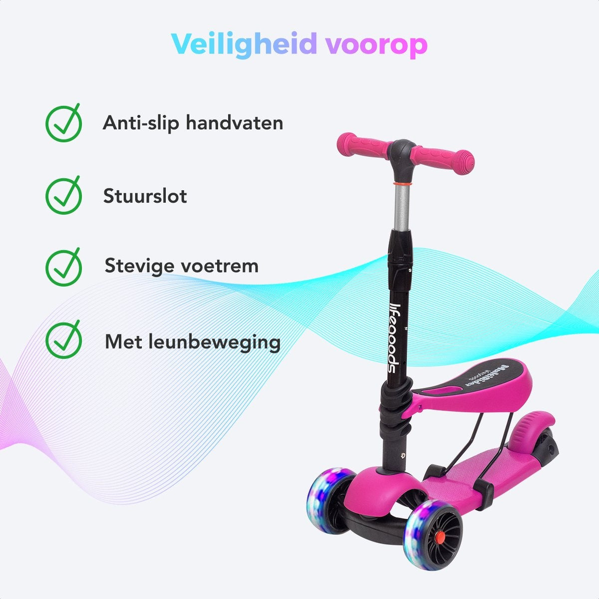 LifeGoods MultiRider Scooter pour enfants - Étape 3-8 ans - Siège réglable - Roues lumineuses - Garçons/Filles - Rose