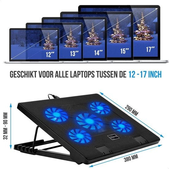 Strex Laptop Cooler - 12" - 17 Inch - Ajustable - 5 ventilateurs - Refroidisseur d'ordinateur portable - Cooling Pad