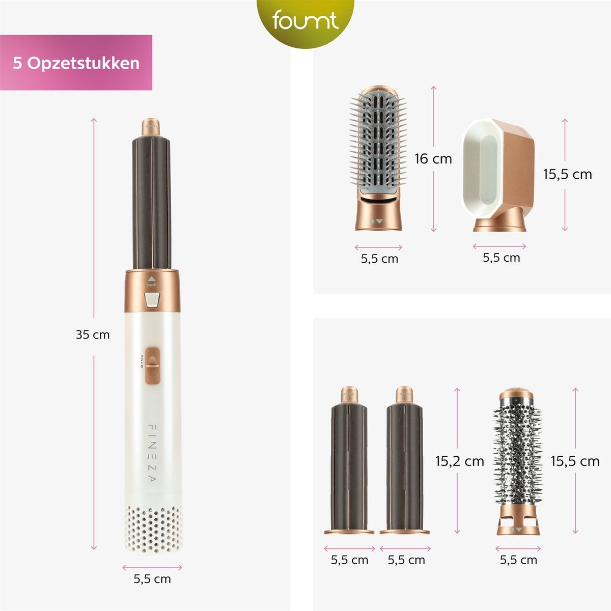 Brosse coiffante 5 en 1, Fineza, 4 Embouts, Blanc/Or Rose