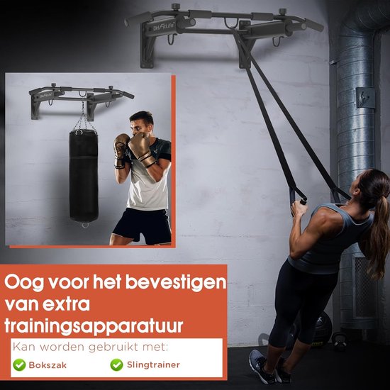 DH FitLife 4-in-1 barre de traction murale avec prise d'écartement, barre de traction multifonctionnelle pour la maison jusqu'à 200 kg | 6 poignées antidérapantes | 3 oeillets pour sac de frappe & sling trainer | sûre et stable