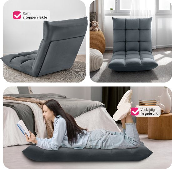 tectake® Relax chair - Fauteuil relax - Fauteuil de sol XXL - Pliable et inclinable - Fauteuil de sol avec dossier réglable - Peut être utilisé comme fauteuil, coussin de siège, coussin de sol, fauteuil de relaxation ou pour la méditation - Gris