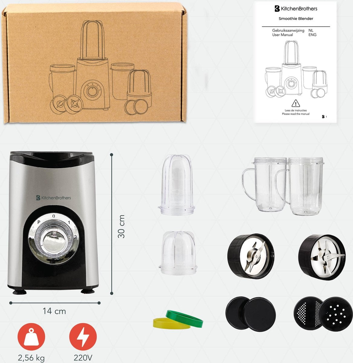 Mixeur Smoothie - KitchenBrothers - 13 Pièces - 4 Gobelets - 350W - acier inoxydable