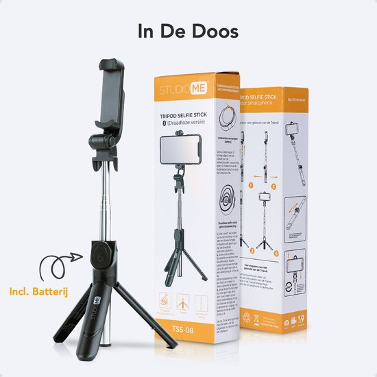 Studio ME 3 in 1 Selfie Stick Tripod - Selfie Stick Universel - Photo et Vidéo - Télécommande Bluetooth - Support pour téléphone - Trépied pour téléphone