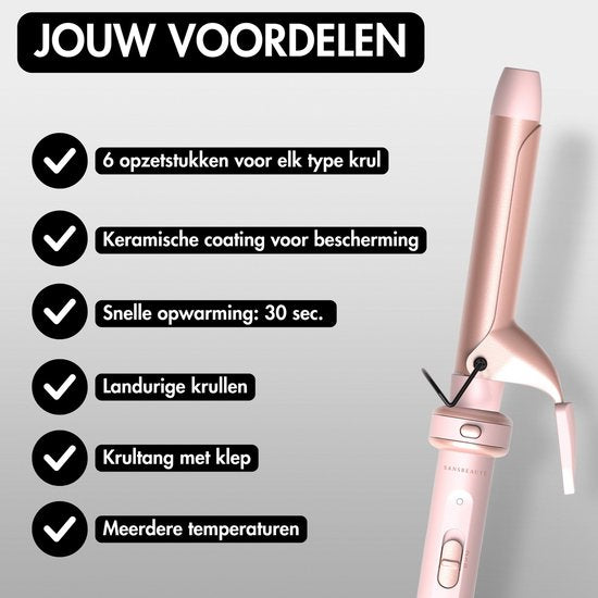 Sansbeauté® 6 en 1 Fer à boucler avec pince - Fer à boucler en céramique - 13mm à 38mm - Brosse pour sèche-cheveux cheveux courts - Brosse chauffante - Boucleurs - Brosse thermique - Styler les cheveux - Brosse à boucler 5 en 1