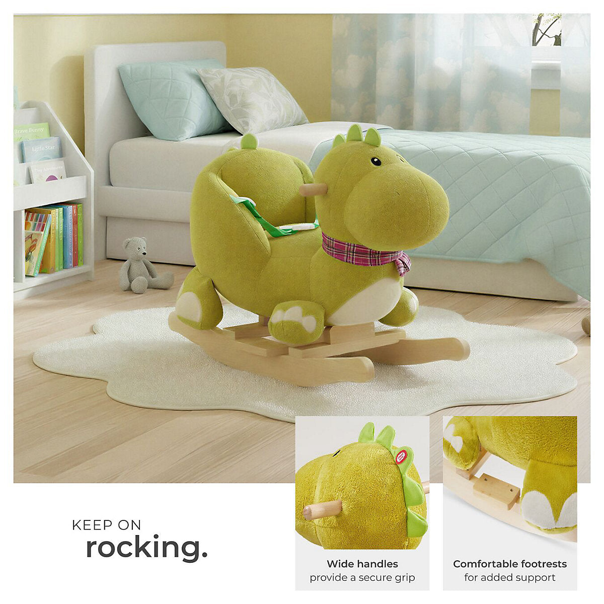 Cheval à bascule Tectake « Dinosaure » 50 cm - Bois/peluche - Effet sonore - Vert
