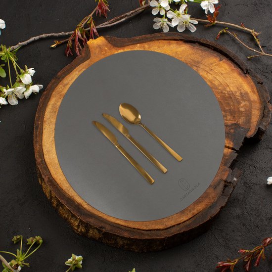Sets de table Castagnola aspect cuir - Sets de table ronds - Sets de table antidérapants en cuir artificiel - Dessous de verre hydrofuge - Dessous de verre - 6 pièces - Diamètre 38 cm - Gris