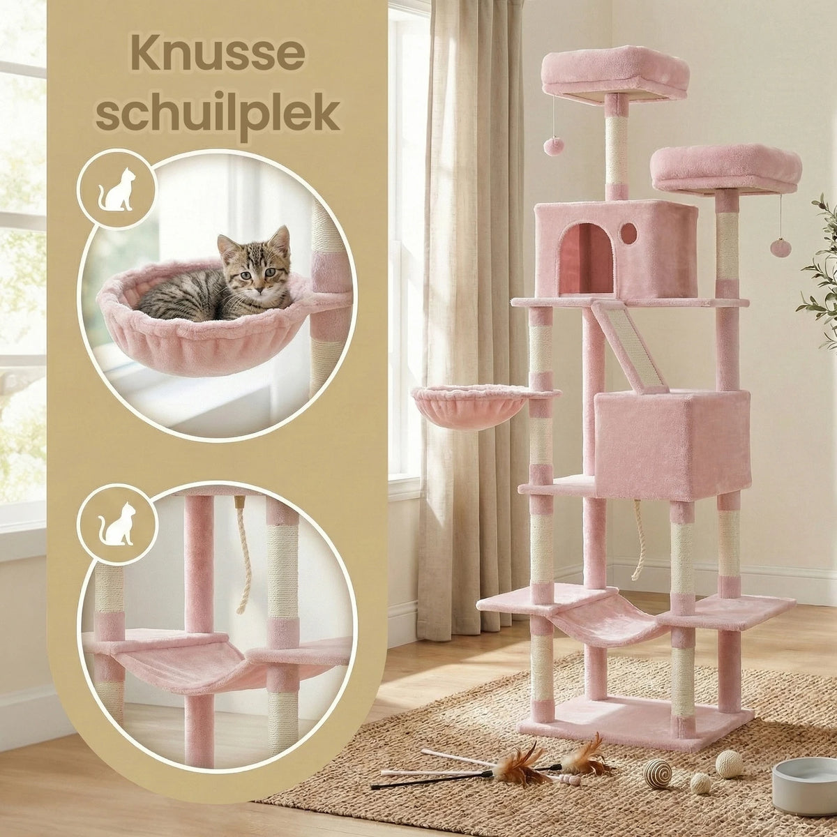 Joyfurnos Arbre à chat 206 cm - Tour pour chat XXL avec 13 poteaux à griffer, 2 maisonnettes et un hamac - Rose