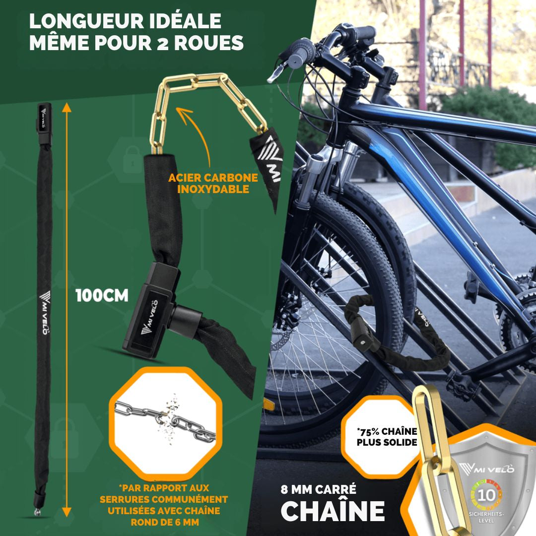 Cadenas de chaîne pour vélo - MIVELO - 100 cm de long et 8 mm d'épaisseur - Acier noir et trempé - Verrouillage à clé sécurisé - Pour E-bike et Scooter - noir