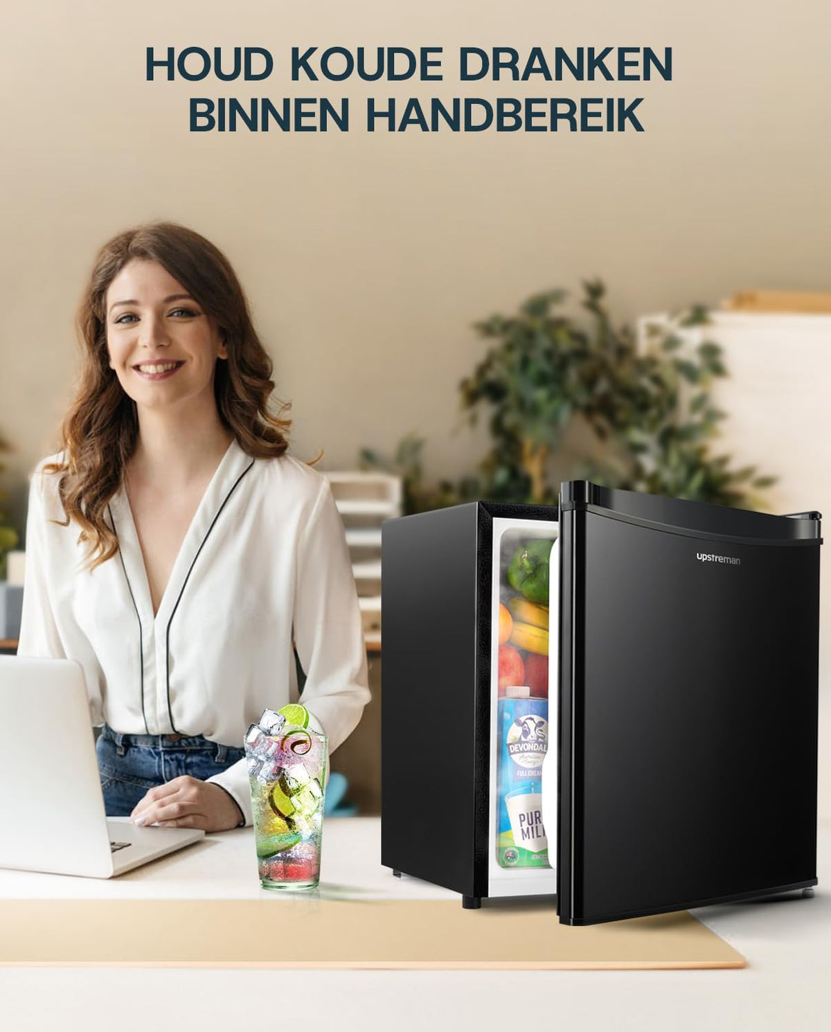 Mini-réfrigérateur Upstreman avec compartiment congélateur FR17 – 46 litres – Silencieux (41 dB) – Noir – Métal