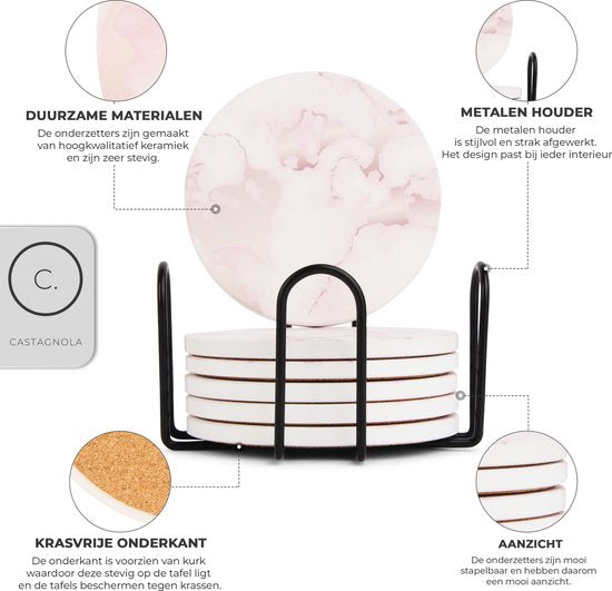 Castagnola Sous-verres en céramique avec support - Sous-verres pour verres - Sous-verres design - Sous-verres - Sous-verres à boire - Céramique - Liège - Lot de 6 - Rose/Blanc