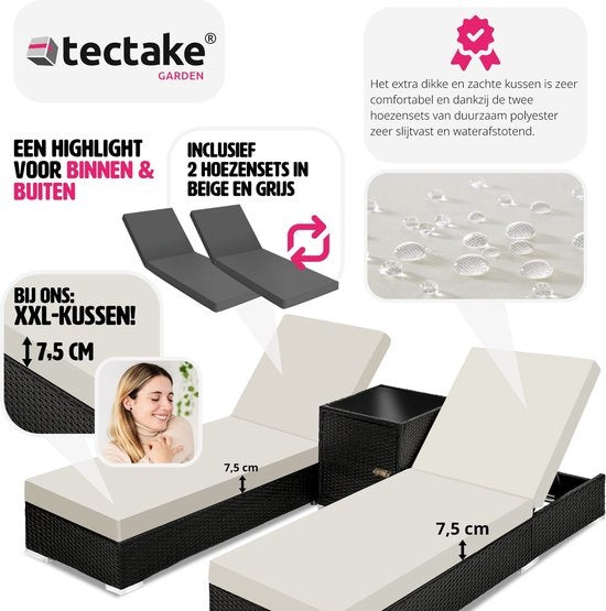 Tectake 2 chaises longues de luxe avec table d'appoint - Noir - Housse de protection incluse - 401500
